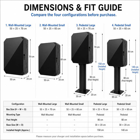 Dimensions & fit guide for Built Tough Outdoor EV Charger Protection Box With Grounding Screw And Neat Cable Routing configurations.