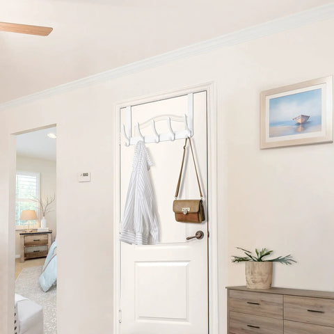 Over The Door Coat Hooks With Five Hooks And Towel Rack Door Hanger for coats and clothes space saving white organizer bathroom view