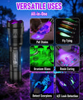 Handheld UV Flashlight Blacklight 395 405 Nm Led For Curing UV Glue Leak Detection And Pet Urine Stain Finder shown with versatile uses.