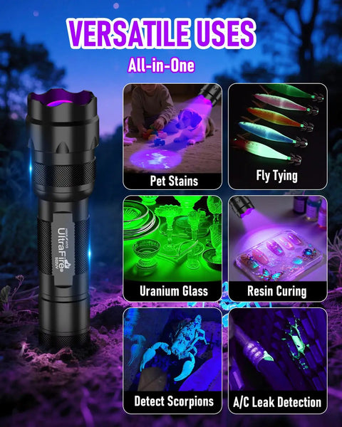 Handheld UV Flashlight Blacklight 395 405 Nm Led For Curing UV Glue Leak Detection And Pet Urine Stain Finder shown with versatile uses.