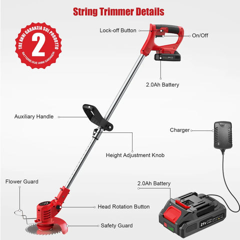 Diagram of Cordless Weed Eater With Dual 2.0Ah Batteries showcasing components and features, including adjustable pole and charger.