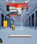 Heavy Duty Electric Hoist That Lets You Lift Heavy Loads Effortlessly With Smooth Windup And Strong Pull For Garage DIY Work Or Workshop Projects, red and silver, 880lbs capacity.