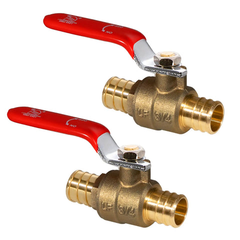 Lead Free Brass PEX Ball Valve Set Three Quarters Inch Two Pack For Easy Install Hot Water Identification Red Shut Off Valves NSF ANSI 61