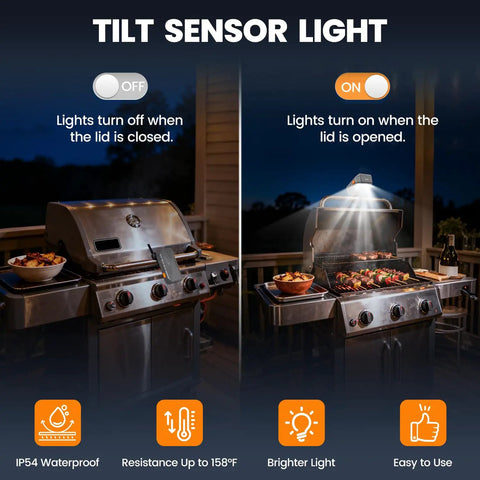 Grill Light For Blackstone Griddle And Weber Grill Rechargeable BBQ Lights illuminate open grill at night with tilt sensor.