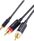 3.5mm Stereo To Dual RCA Audio Cable Adapter With Gold Plated Plugs, 4 Feet Long, Clear Low Noise Sound For Amplifiers, Speakers, Smartphones, Tablets, Home Theater, And Car Audio Systems black cable with 3.5mm and RCA plugs