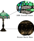 Tiffany Style Stained Glass Table Lamp With Green Dragonfly Shade, 12 Inch Shade And 19 Inch Tall Antique Bronze Reading Lamp, UL Listed