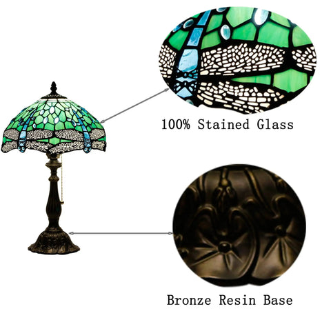 Tiffany Style Stained Glass Table Lamp With Green Dragonfly Shade, 12 Inch Shade And 19 Inch Tall Antique Bronze Reading Lamp, UL Listed