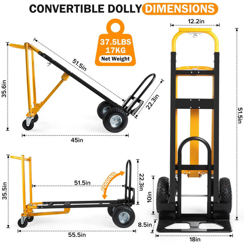 3-in-1 Convertible Hand Truck Dolly Cart With 10-Inch Pneumatic Wheels 1000 Lb Capacity dimensions and modes shown