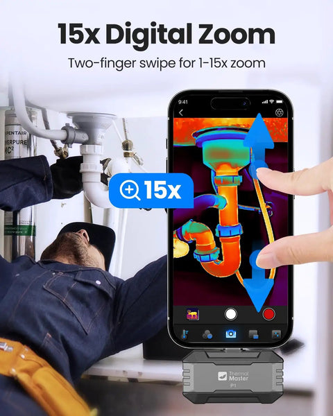 Technician using P1 USB-C Thermal Imaging Camera for iPhone and Android with 320x240 IR Resolution in plumbing inspection app view