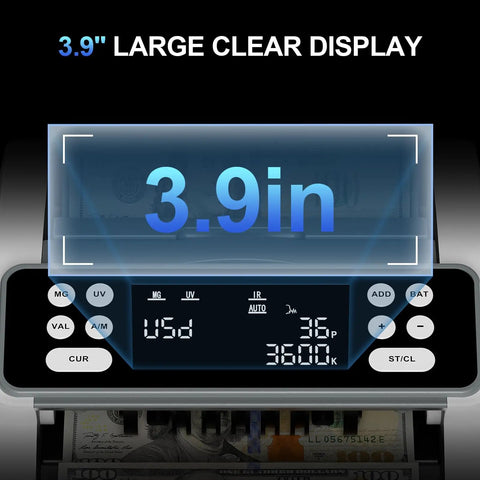 Value Count Money Counter For USD And EUR With UV MG IR Counterfeit Detection with 3.9-inch LED display close-up
