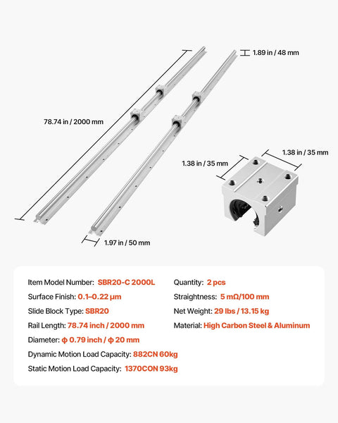 Diagram of two 78.74 inch SBR20 linear rails with four bearing slide blocks and dimensions, suitable for cutting and milling machines