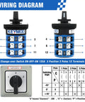 Wiring diagram for Beefy 125A Rotary Changeover Switch With Master Enclosure Box, showing terminal connections and switching angles