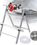 Heavy Lifter Electric Tile Bevel Cutter With Water Pump And 1200 Watt Motor For No Sweat Wet Cutting Adjustable One To Three Millimeter Chamfer Setup for Porcelain and Glazed Tiles with Bracket on display.