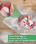 Bang For Your Buck Vacuum Sealer Bags Rolls 4 Pack with meat sealed inside, showing two-side embossed texture for food safety