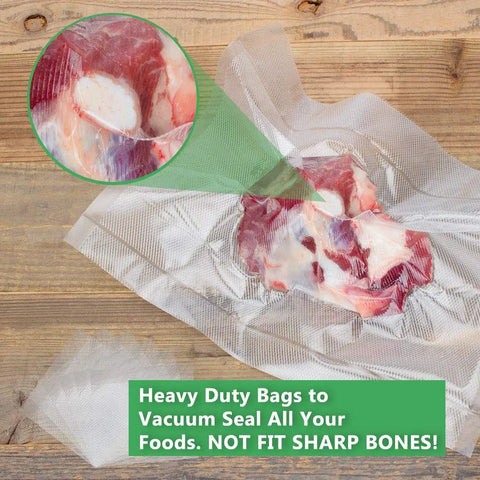 Bang For Your Buck Vacuum Sealer Bags Rolls 4 Pack with meat sealed inside, showing two-side embossed texture for food safety