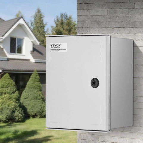 Heavy Duty Fiberglass Electrical Enclosure Box 12X10X6 Inch IP65 Waterproof And Dustproof Outdoor Junction Cabinet mounted on a wall.