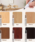 Easy Peasy Wood Furniture Repair Kit Featuring Six Realistic Tone Touch Up Markers And Wax Sticks color samples of wood shades with markers.