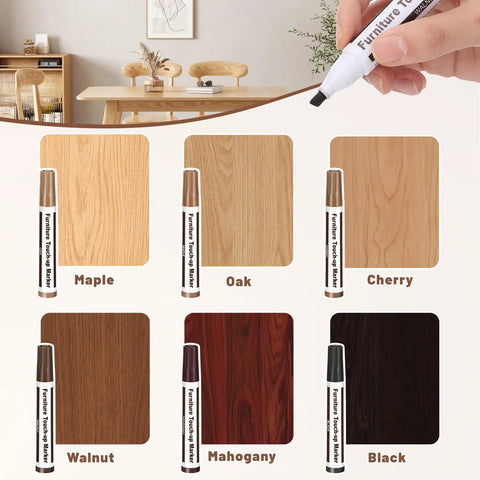 Easy Peasy Wood Furniture Repair Kit Featuring Six Realistic Tone Touch Up Markers And Wax Sticks color samples of wood shades with markers.