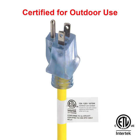50 Ft 10/3 SJTOW Extra Heavy Duty Contractor Grade Extension Cord With Power Indicator Light, Oil Water Weather And Kink Resistant, Flame Retardant, Yellow, 3 Prong Grounded Plug For Outdoor Use CP10175