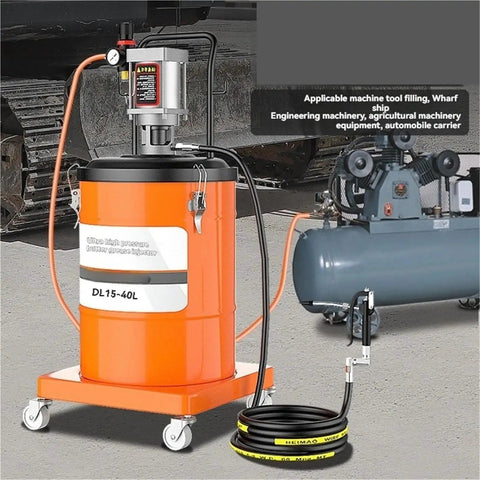 Heavy Duty Pneumatic Grease Gun 6000 Psi High Pressure Oil Injector For Trucks Rigs And Shop Machines Gearhead Approved Workhorse Smooth Handle Lube Master on a wheeled cart.