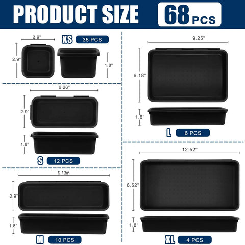 68 Piece Tool Box Organizer Tray Set With 5 Sizes XL L M S XS for garage and workshop drawer storage shown by tray sizes