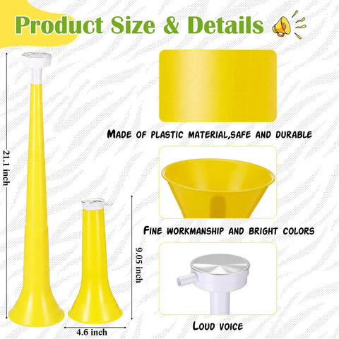 Six Pack Vuvuzela Stadium Horns 21 Inch Collapsible Plastic Trumpet Noisemakers in yellow, showing dimensions and material