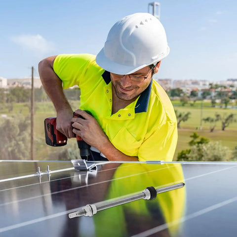 Tough As Nails Stainless Steel Solar Hanger Bolts With Dual Thread Adjustable Height for PV mounting, featured with a worker installing.