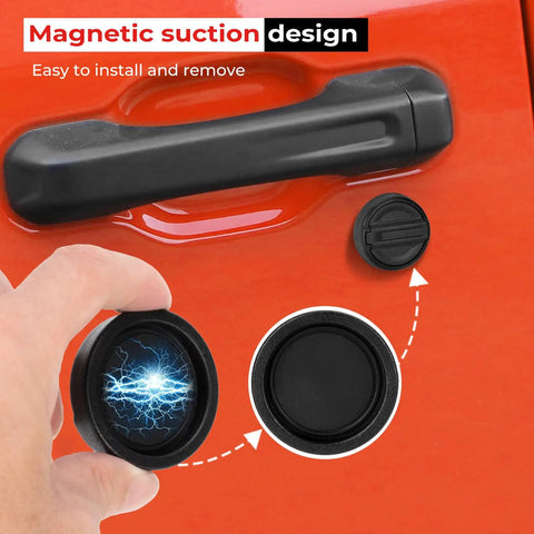 Strong Magnet Keyhole Covers For Jeep Wrangler JL 2018-2026 And Gladiator JT Front Doors being installed, magnetic design close-up