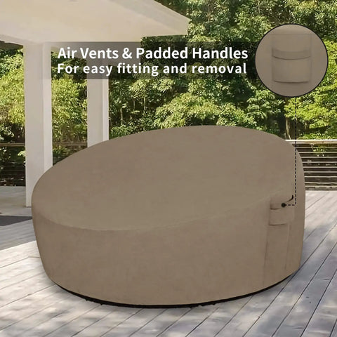 Heavy Duty 600D Outdoor Daybed Cover 75 Inch Diameter Round Waterproof Sofa Cover With Air Vent UV Resistant Camel Color Built Tough For All Weather Patio Protection on a patio