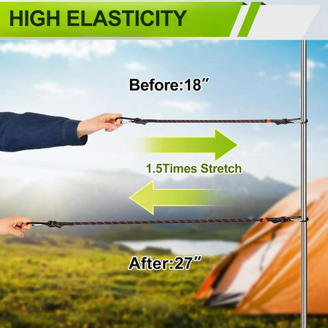 Heavy Duty Bungee Cord Set With Hooks Go To 28 Piece Assorted Sizes 18 Inch Cord Stretch Demonstration at a Tent Site