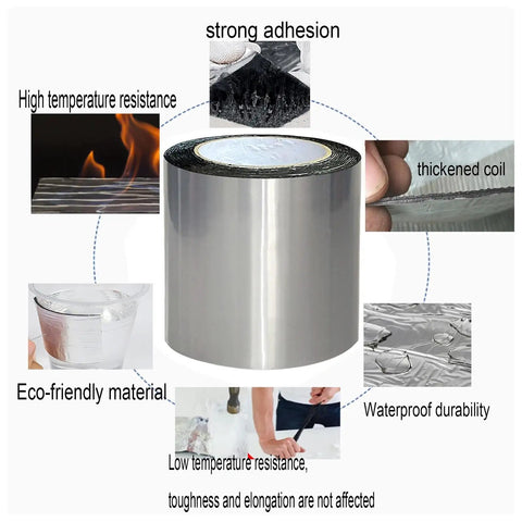 Hella Durable Aluminum Foil Self Adhesive Waterproof Tape Rock Solid Asphalt Roof Sealant and Heavy Duty Leak Repair Roll features waterproof, eco-friendly, thickened coil.