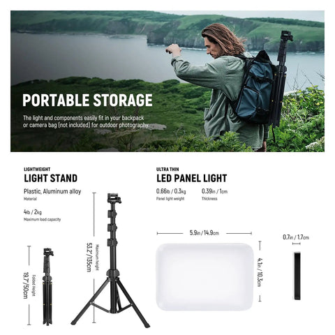 Man carrying Basics 2 Pack LED Video Light Panel Kit Bi Color Dimmable Portable Studio Lights with Stands for outdoor photography