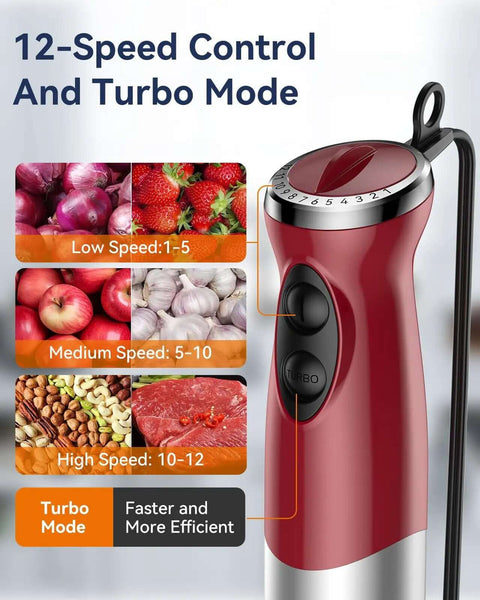 Game Changing 1000W Immersion Blender 5 In 1 Corded Stick Hand Blender with 12 speed control and turbo mode for efficient blending.