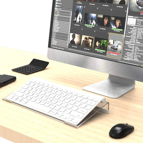 Acrylic Tilted Keyboard Stand For Compact 78 Key Keyboard, 11.8 Inch Width, White Silicone Strip Desk Riser holding a white keyboard.