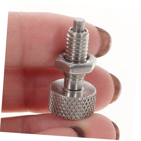 2 Pack Badass Stainless Steel Locking Plunger Featuring A Slick Knurled Handle And Dope Retractable Spring Indexing Pin held in hand.