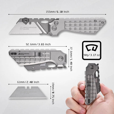 Built Different Cnc Titanium Folding Utility Knife With Secure Button Lock Quick Swap Razor Blades Heavy Duty Steel Core And Rugged Pocket Clip For Daily Work in hand with dimensions