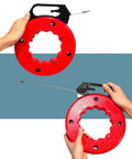 Wxtools 100 Ft Fish Tape For Electric Wire Pulling Reel with durable handle shown in hands, featuring comfortable grip and high quality build