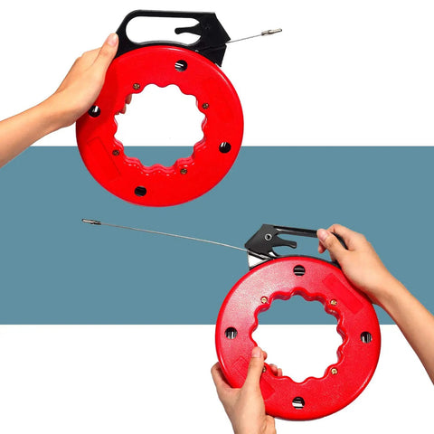 Wxtools 100 Ft Fish Tape For Electric Wire Pulling Reel with durable handle shown in hands, featuring comfortable grip and high quality build