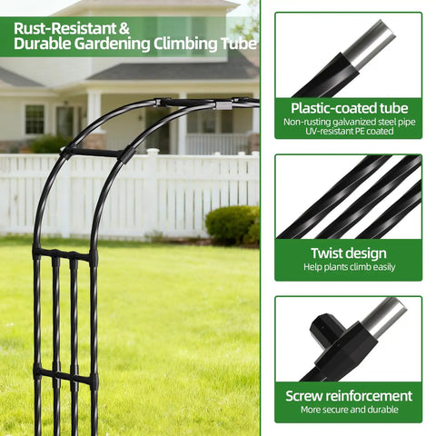 Adjustable Garden Arch Trellis 4.9x8.5 Ft Metal Outdoor Arbor For Climbing Plants, showing black durable PE-coated steel structure.