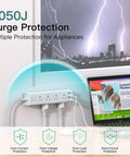 Power Strip With 12 Wide Outlets And 4 USB Ports, 10 Ft Flat Plug Extension Cord, Wall Mountable Surge Protector, 1050J Overload Protection next to laptop and lightning illustration.