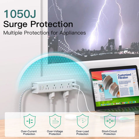 Power Strip With 12 Wide Outlets And 4 USB Ports, 10 Ft Flat Plug Extension Cord, Wall Mountable Surge Protector, 1050J Overload Protection next to laptop and lightning illustration.
