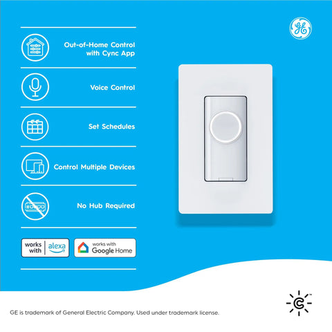 Cync Button Style Smart Light Switch No Neutral Wire Required, 2.4 GHz WiFi Works With Alexa And Google Home on blue background