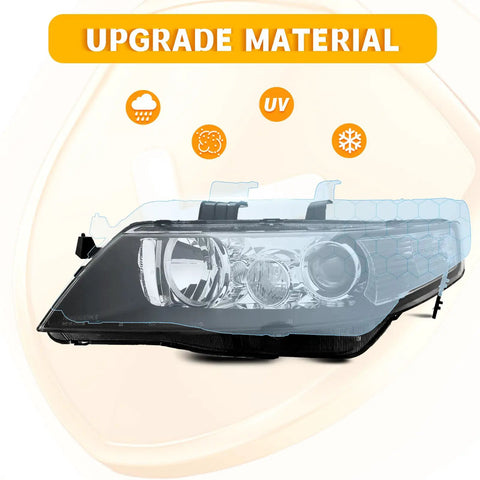 Headlights Assembly With Black Housing Replacement For Acura TSX 2004 2005 Halogen Bulbs AC2518106 AC2519106 close-up view