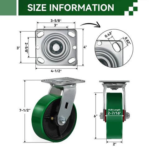 Heavy Duty Caster Wheel Set Of 4 6 Inch By 2 Inch Polyurethane Industrial Casters with size information and dimensions
