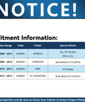 Fitment information table for Subaru models 2008-2014, including Impreza, Forester, WRX, XV Crosstrek, with special details.