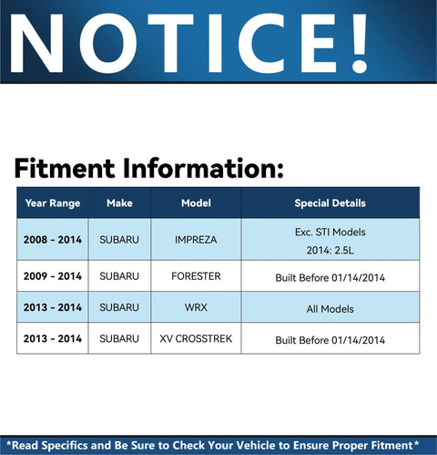 Fitment information table for Subaru models 2008-2014, including Impreza, Forester, WRX, XV Crosstrek, with special details.