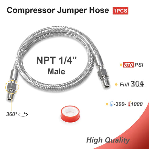 Heavy Duty Stainless Steel Air Compressor Jumper Hose 1/4 X 40 Inches with NPT Male fitting rated for 870 PSI.