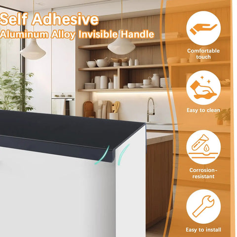 Matte Black Finger Edge Pulls 4 Pack Concealed Modern Drawer Handles for cabinets in kitchen setting with benefits listed