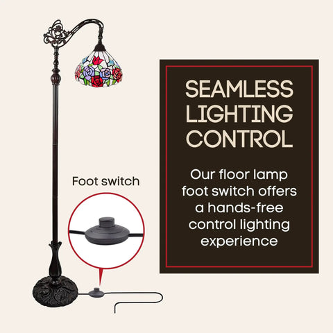 Tiffany Inspired Arched Stained Glass Floor Lamp 62 inches tall with foot switch, showing adjustable shade and vintage vibe design.