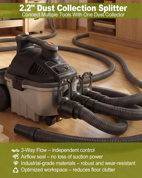 Slick 2.2 Inch Woodworking Dust Collector 3 Way Splitter With Independent Blast Gates for efficient tool connection in a workshop.